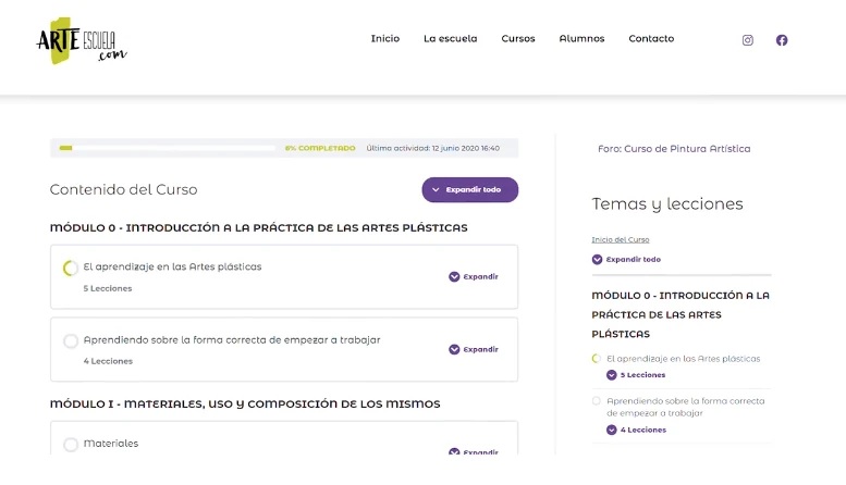 Introducción en el dibujo y la pintura Captura de la plataforma del curso con el listado de módulos y lecciones