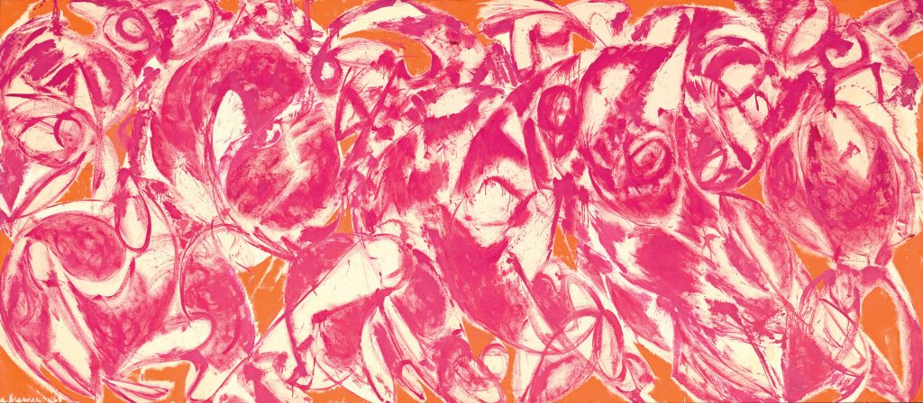 Arte Agenda Diciembre 2020 Combate de Lee Krasner, pintura abstracta de 1965 con trazos rosas, blancos y naranjas