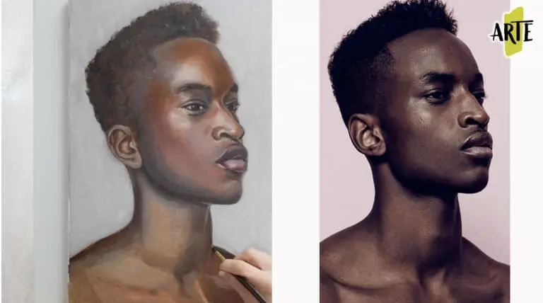 El retrato Proceso de pintura de un retrato de piel oscura a partir de una fotografía