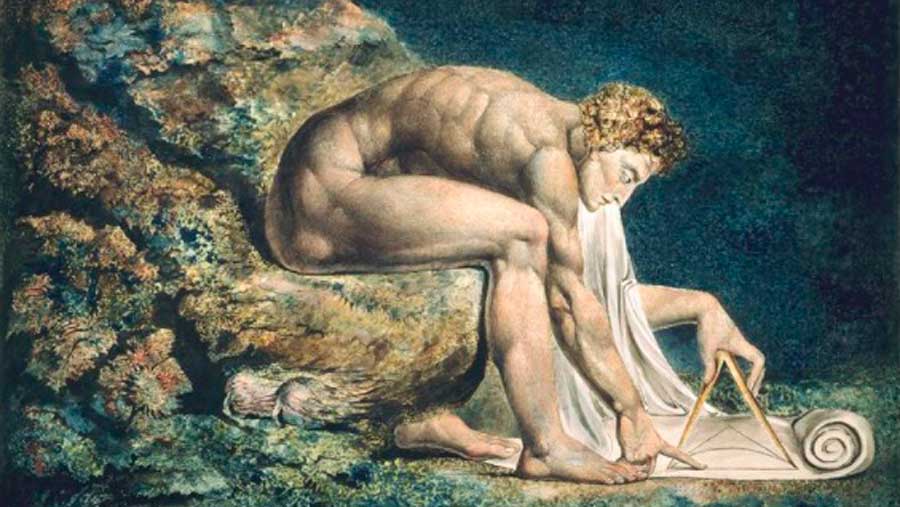 Newton de William Blake, figura desnuda inclinada que traza con un compás sobre un pergamino