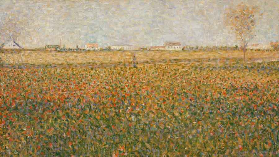 Puntillismo: cuadros que te sorprenderán Campo de flores pintado con pequeños puntos de color bajo un cielo luminoso
