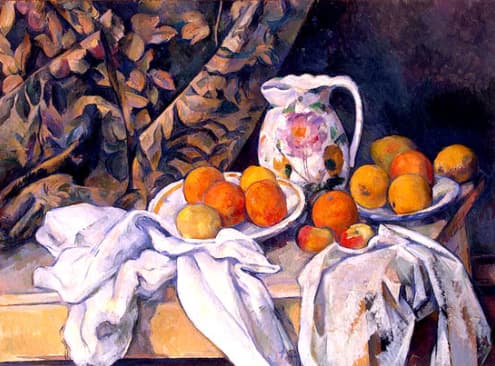 naturaleza muerta, cortinas, krug y tazón de frutas de Paul Cezanne