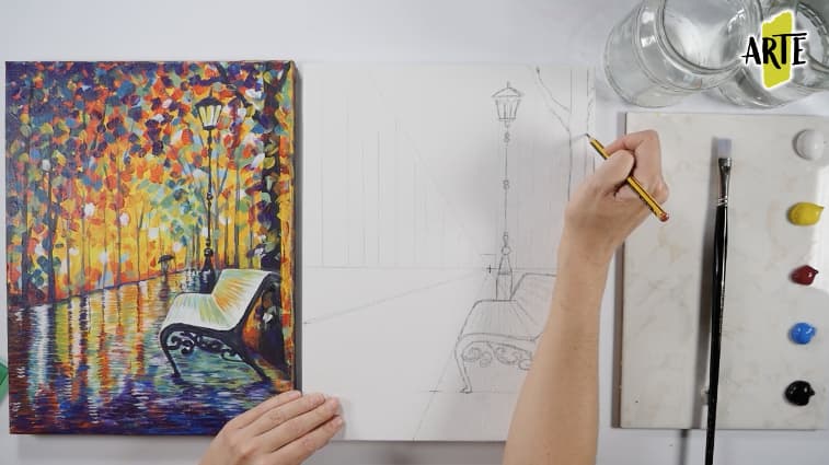 Tu primer cuadro en acrílico “Lluvia en el Parque” Encaje del dibujo pinta tu primer cuadro
