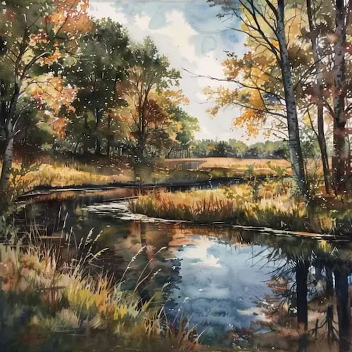 25 Ideas Creativas Para Pintar Con Acuarela y Despertar Tu Inspiración Paisaje de bosque y arroyo pintado con acuarela
