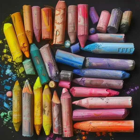 ¿Cómo Pintar con Ceras Pastel? Ceras pastel de colores gastadas sobre un fondo negro con manchas de pigmento