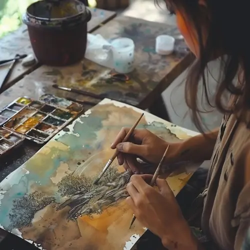 Cómo Dibujar y Pintar con Acuarelas: Guía Paso a Paso para Principiantes Persona añadiendo detalles con pincel a un paisaje pintado con acuarela