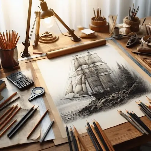 Mano firme al dibujar: trucos y utensilios para que no te tiemble el pulso Dibujo de un velero sobre una mesa con lápices y utensilios