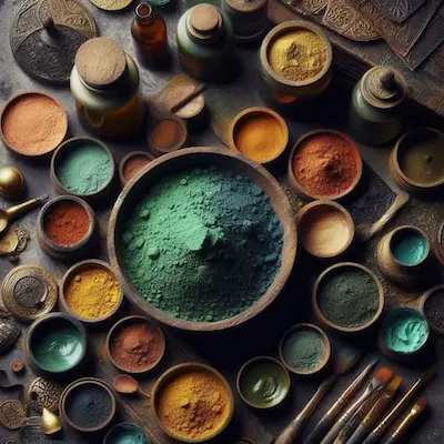Colores prohibidos: pigmentos tóxicos que usaron los grandes maestros de la pintura artística Recipientes antiguos con pigmentos en polvo de distintos colores