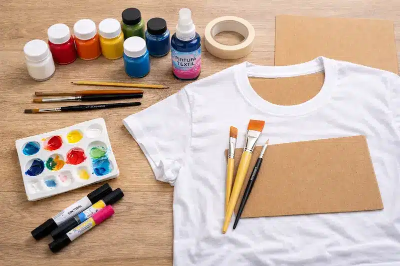 Materiales para pintar tela a mano. pintura textil, pinceles, cinta y cartón interior