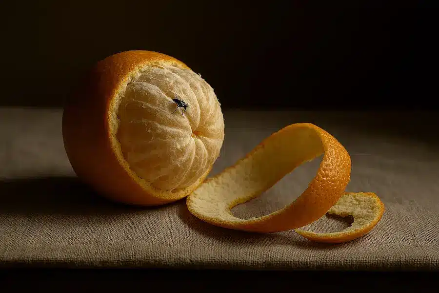 Pequeños objetos escondidos en bodegones y su significado práctico Naranja pelada con una pequeña mosca sobre la pulpa