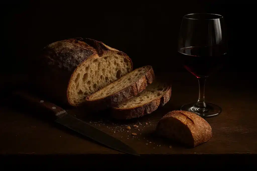 Pequeños objetos escondidos en bodegones y su significado práctico Bodegón de pan cortado junto a una copa de vino tinto