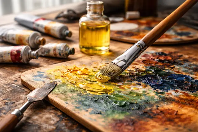 Cómo elegir pinceles sin arruinarte (y cuáles sí merecen inversión) — óleo, acrílico y acuarela Pincel de cerdas sobre una paleta con pintura al óleo, tubos y aceite