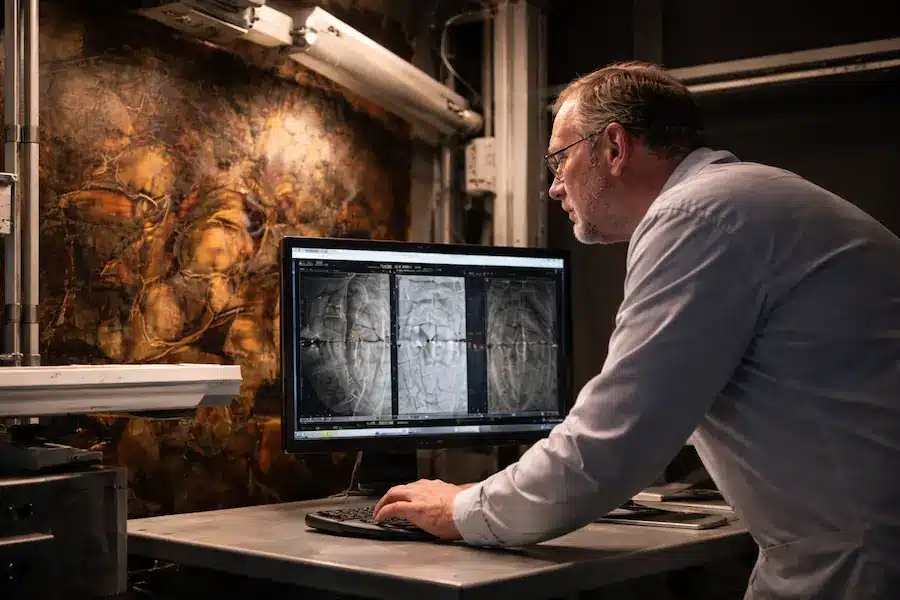 restaurador analizando pintura con rayos x