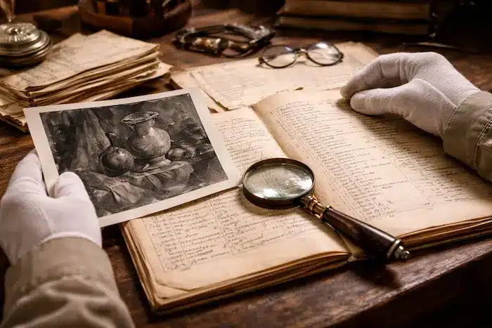 ¿Se puede saber si un cuadro es auténtico solo mirándolo? Especialista con guantes comparando una fotografía y documentos de una obra de arte