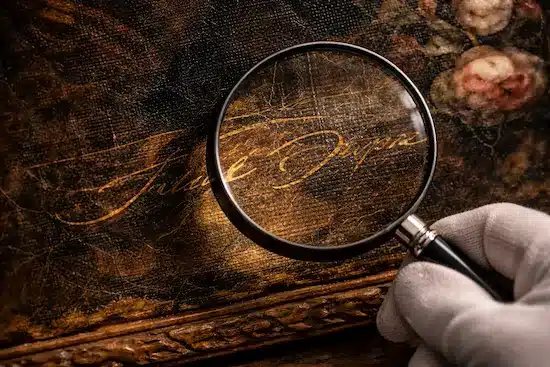 ¿Se puede saber si un cuadro es auténtico solo mirándolo? Mano con guante examinando con lupa la firma de una pintura antigua