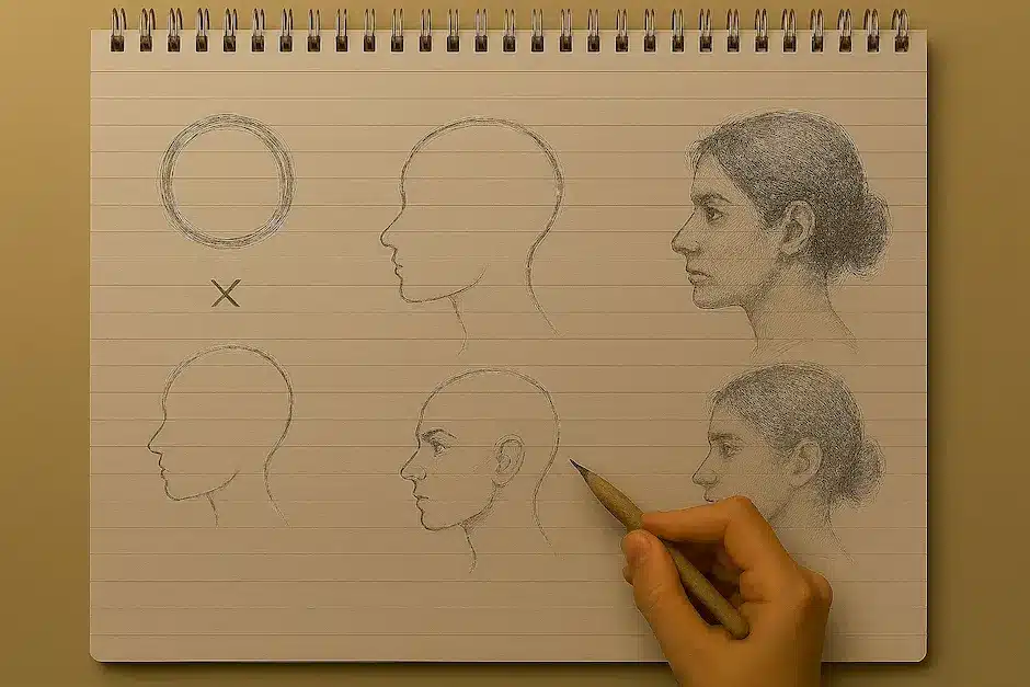 Transformar un garabato en un dibujo reconocible: guía completa del ejercicio creativo más poderoso para aprender a dibujar Secuencia de dibujo que transforma un círculo en el perfil de una mujer