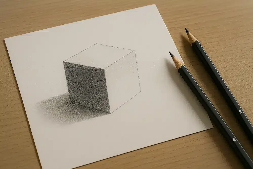 5 ejercicios para dibujar sombras sin complicarte (y entender de verdad cómo funciona la luz) Dibujo de un cubo con sombra propia y sombra proyectada