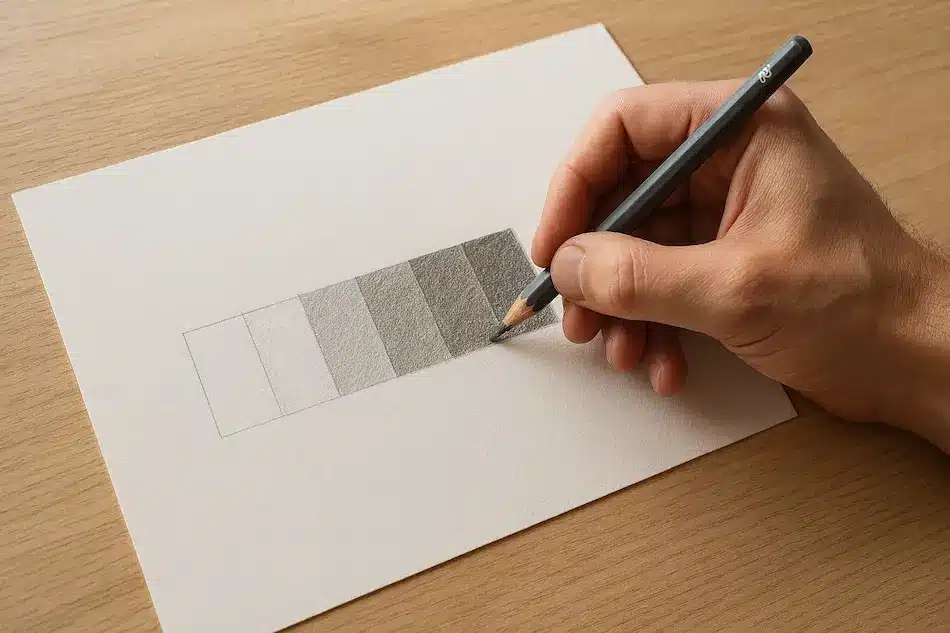 5 ejercicios para dibujar sombras sin complicarte (y entender de verdad cómo funciona la luz) Mano dibujando una escala de valores de gris con lápiz