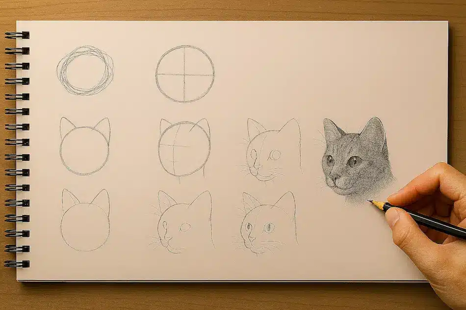 Transformar un garabato en un dibujo reconocible: guía completa del ejercicio creativo más poderoso para aprender a dibujar Secuencia de dibujo que transforma un círculo en la cabeza de un gato