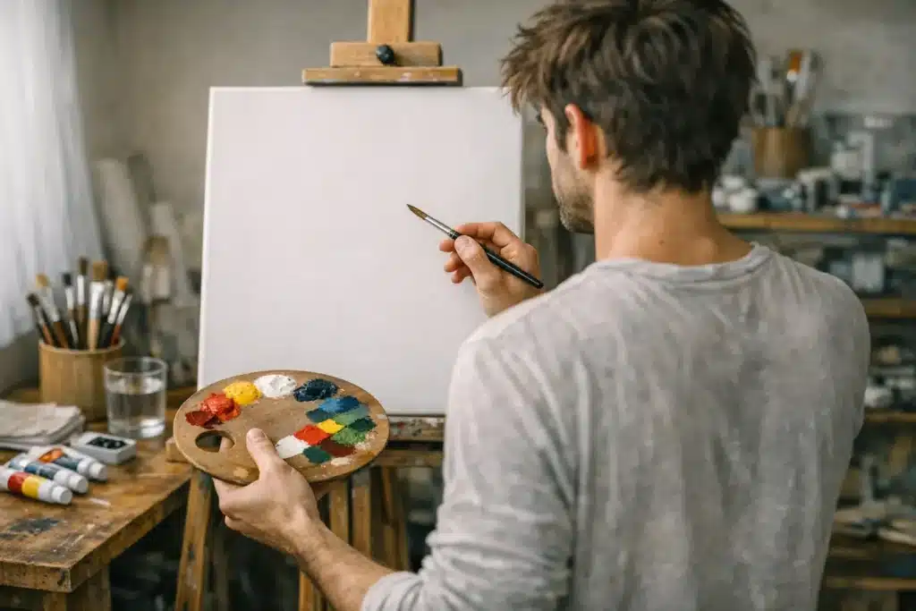 Artista frente a un lienzo en blanco con paleta y pincel