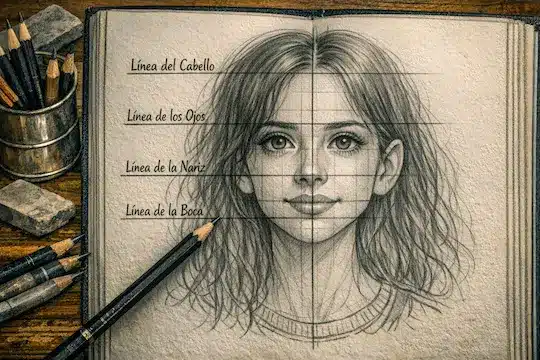 Cómo detectar y corregir errores de proporción en dibujo Retrato con líneas guía para situar cabello, ojos, nariz y boca