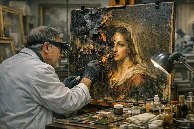 Restaurador reparando un retrato dañado por el fuego