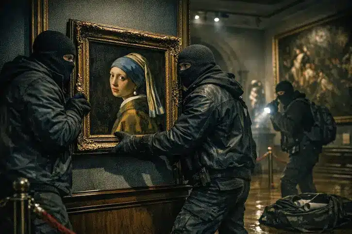 Ladrones enmascarados robando La joven de la perla de un museo