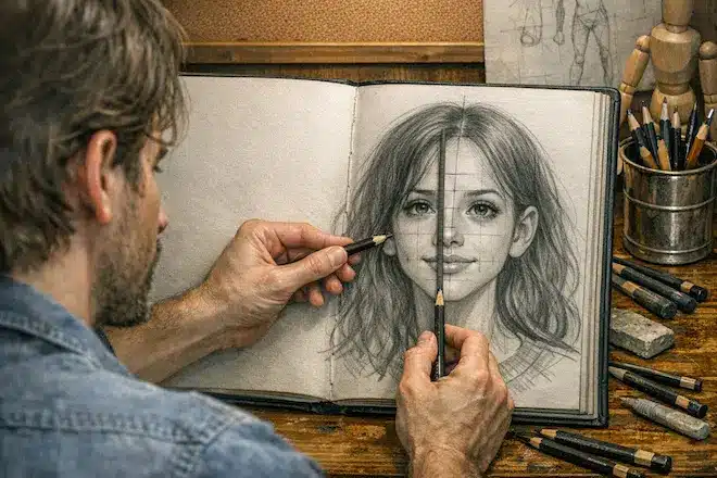 Cómo detectar y corregir errores de proporción en dibujo Artista midiendo con lápices las proporciones de un retrato