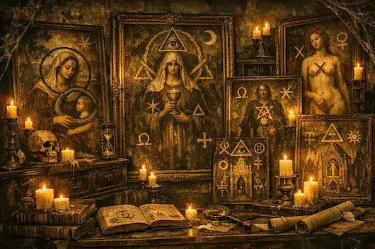 Pinturas antiguas con símbolos esotéricos, libros, velas y una calavera