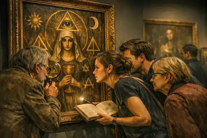 Visitantes analizando símbolos ocultos en una pintura dentro de un museo
