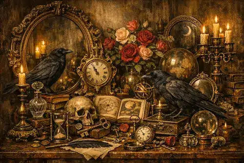 Pintores que ocultaban símbolos personales en sus obras Bodegón oscuro con calavera, cuervos, relojes, espejos, velas y flores