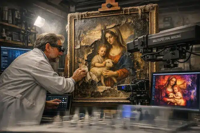 Conservador analizando una pintura de la Virgen con el Niño mediante equipos de imagen científica