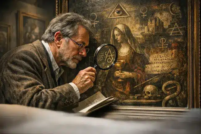 Investigador examinando con una lupa una pintura antigua llena de símbolos misteriosos