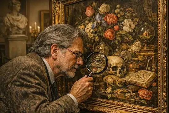 Pintores que ocultaban símbolos personales en sus obras Hombre examinando con lupa un ojo oculto en una pintura simbólica