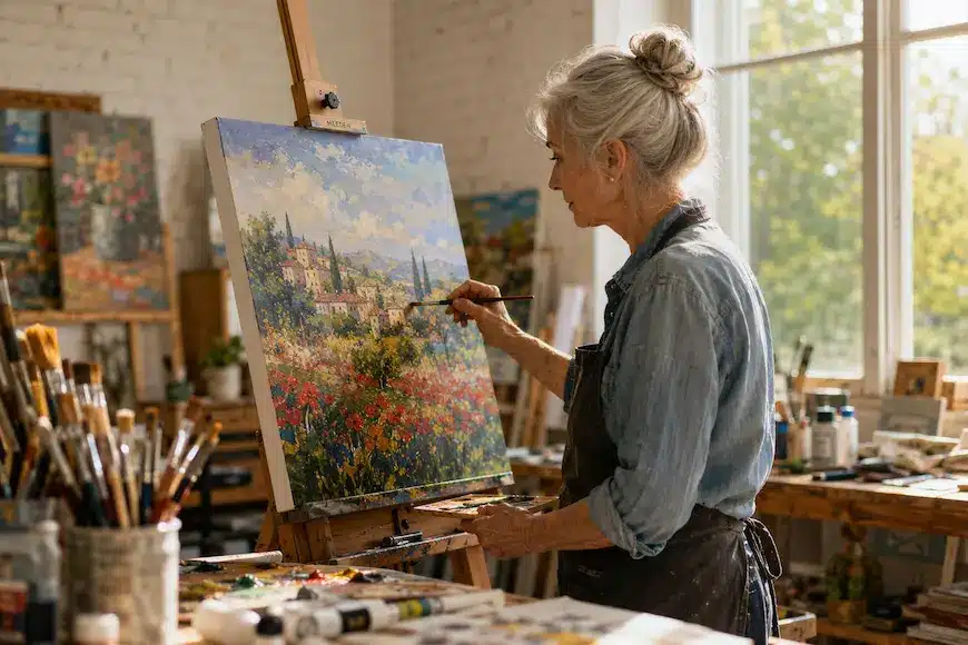 Mujer mayor pintando un paisaje colorido sobre un caballete