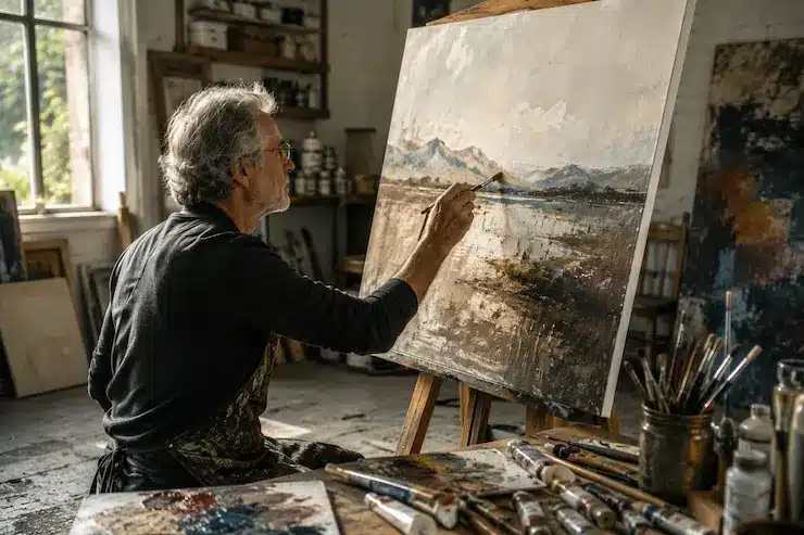 Artistas que comenzaron a pintar después de los 40 años Hombre mayor pintando un paisaje de montañas en un lienzo