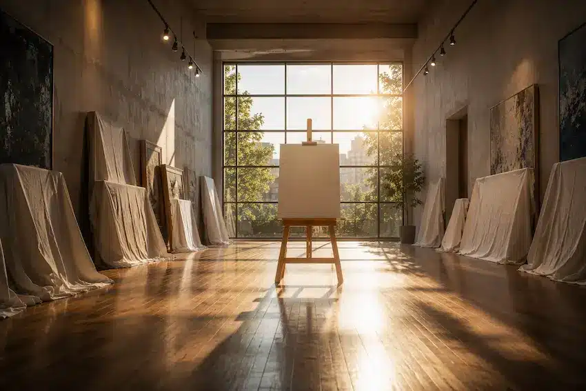 Artistas que comenzaron a pintar después de los 40 años Estudio de pintura vacío con un lienzo en blanco iluminado por el sol