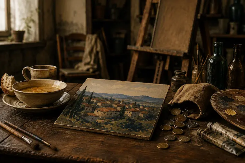 Pintura de un pueblo sobre una mesa con sopa, pan, monedas, pinceles y una paleta en un estudio