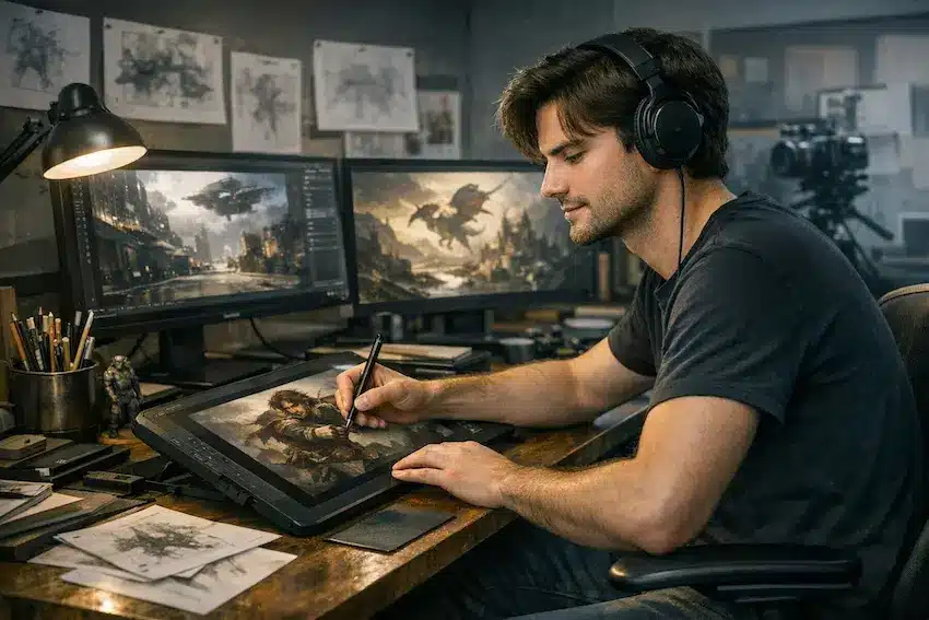 ¿Cuánto se tarda realmente en aprender a dibujar? Artista digital dibujando en una tableta gráfica frente a dos monitores