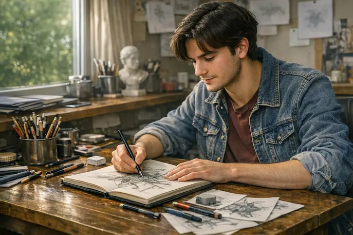 ¿Cuánto se tarda realmente en aprender a dibujar? Joven dibujando en un cuaderno dentro de un estudio de arte