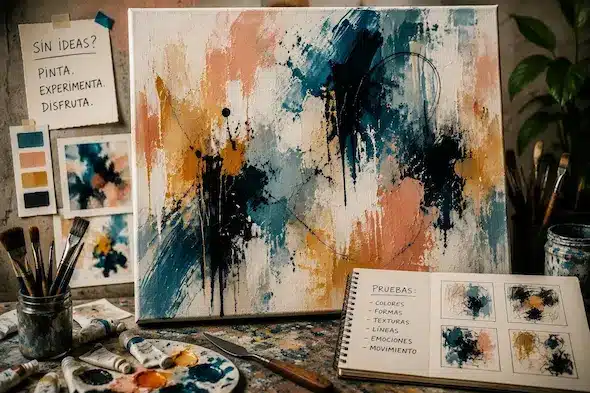 Qué pintar cuando no tienes ninguna idea para un cuadro abstracto Cuadro abstracto sobre un caballete rodeado de paletas, pinceles y notas para estimular la creatividad