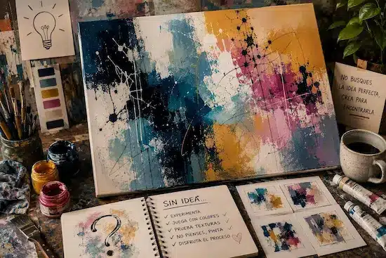 Qué pintar cuando no tienes ninguna idea para un cuadro abstracto Lienzo abstracto multicolor en un espacio de trabajo con pinturas, pruebas de color y cuadernos