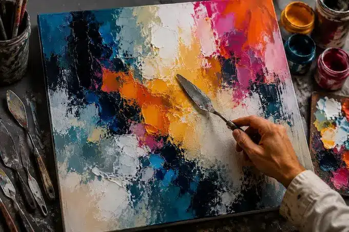 Mano aplicando pintura con espátula sobre un cuadro abstracto en tonos azules, blancos y naranjas