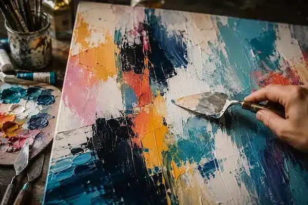 Mano trabajando con espátula sobre un lienzo abstracto de colores azul, rosa, amarillo y blanco