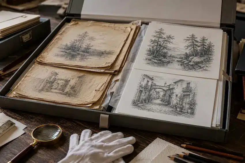 Papel barato o papel profesional para pintar y dibujar: ¿cuál deberías elegir? Comparación de dibujos antiguos en papel deteriorado y dibujos nuevos en papel blanco dentro de cajas de archivo