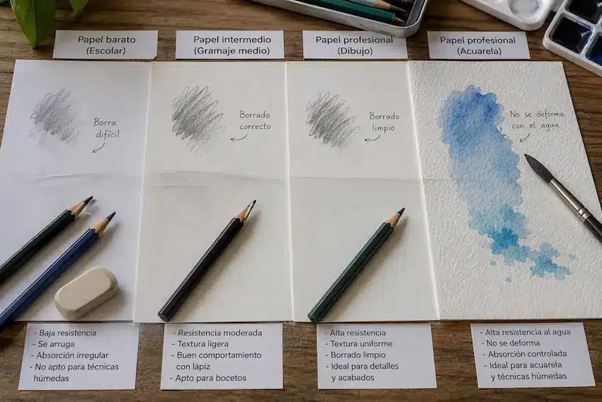 Papel barato o papel profesional para pintar y dibujar: ¿cuál deberías elegir? Muestras de papel barato, intermedio y profesional con pruebas de lápiz, borrado y acuarela