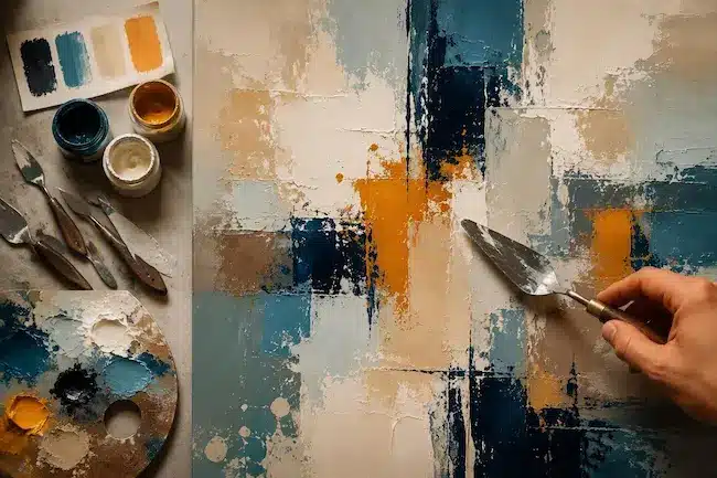 Espátula extendiendo pintura crema y naranja entre bloques azules de una composición abstracta