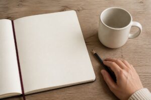 Prensa Taza blanca con el asa visible junto a un cuaderno y un lápiz para iniciar el ejercicio de dibujo