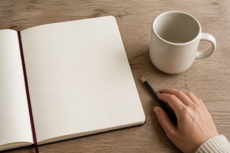 Taza blanca con el asa visible junto a un cuaderno y un lápiz para iniciar el ejercicio de dibujo