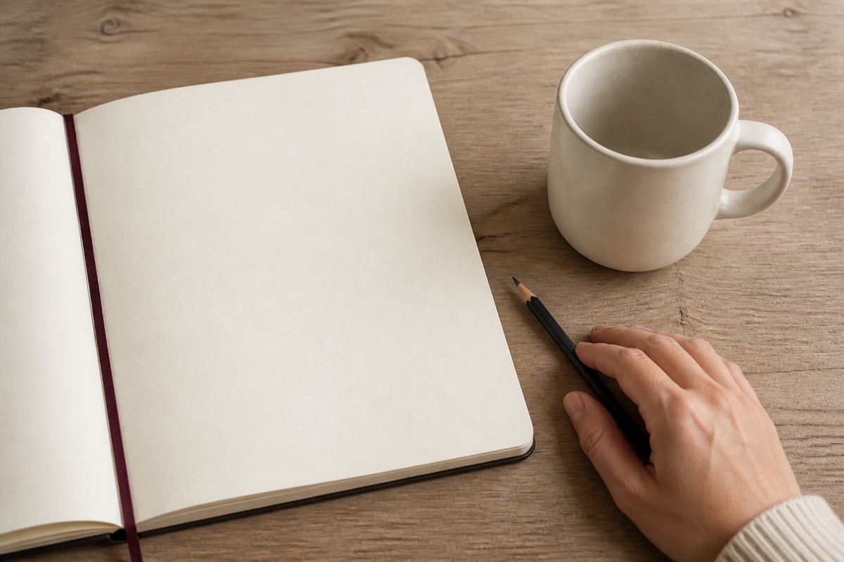 Cómo dibujar una taza paso a paso: tu primer ejercicio de 15 minutos Taza blanca con el asa visible junto a un cuaderno y un lápiz para empezar a dibujar